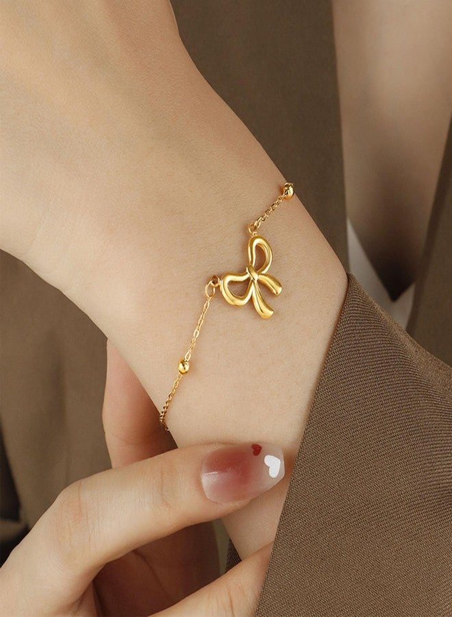 GLMOCM Gold Bow Bracelet for Women Beaded Bow Bracelets Pearl Bow Stretch Bracelets Gold Bead Stackable Bracelet Fashion Jewelry for Women (Gold Chian) - Image 2